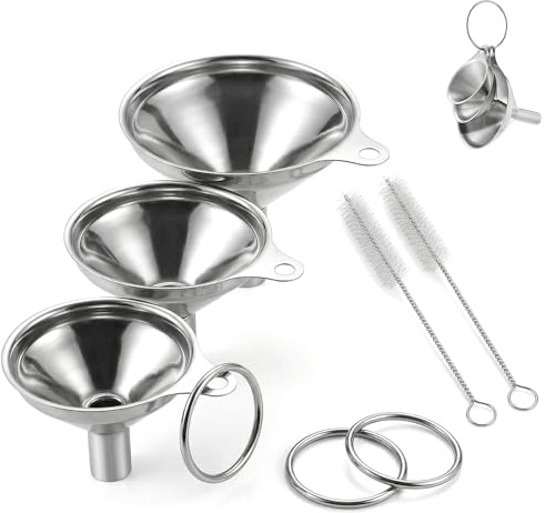 Trichter Edelstahl 3er Set | 3er Set Edelstahl-Trichter für Küche, Pulver & Öl, inkl. 2 Bürsten + 3 Ringe.