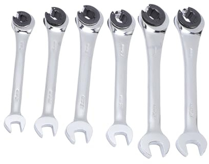 Eujgoov Juego de Llaves de Trinquete Métricas de 6 Piezas, Llave para Tuercas Abocinadas de 10, 12, 13, 14, 15 y 17 Mm, Llave para Línea de Freno de Acero CrV con de de 5 Grados,