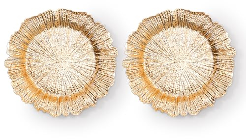 Set 2 Sottopiatti Rotondi Oro | in Plastica Rigida Ø 33 cm | Design Moderno con Bordo Irregolare, Sottopiatto Elegante per Natale, Matrimonio ed Eventi | Decorazione Tavola Raffinata (Set 2 pezzi)