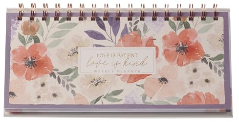 WITH LOVE Undated Weekly Desktop Day Planner, Calendar, Notes, To-Do List, Love is Patient Love is Kind Watercolor Floral, 52 Weeks