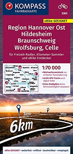 KOMPASS Fahrradkarte 3365 Region Hannover Ost, Hildesheim, Braunschweig, Wolfsburg, Celle 1:70.000: reiß- und wetterfest mit Extra Stadtplänen