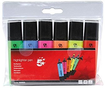 5 Star Highlighters Chisel Tip 1-4mm Line Assorted [Wallet 6], Blue/Green/Orange/Pink/Red/Yellow