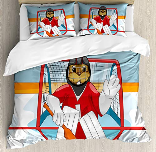 Ambesonne Hockey Duvet Cover Set, Cartoon Style Beaver Plays as a Goalkeeper Fun Activity Theme Animal Mascot Design, Decorative 3 Piece Bedding Set with 2 Pillow Shams, King Size, Multicolor