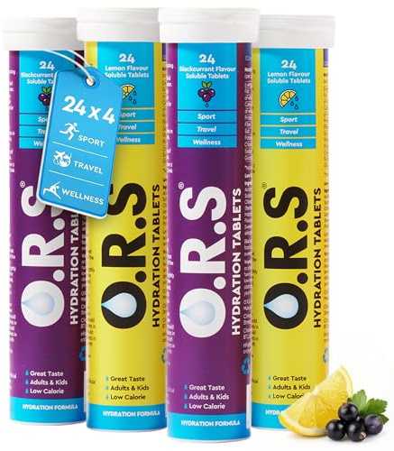 O.R.S Hydration Tablets - Lemon & Blackcurrant Bundle, 96 Electrolyte Tablets | 4 Tubes of Oral Rehydration Salt for Dehydration, Sports & Travel Recovery Drinks | Vegan, Gluten-Free, Low Calorie