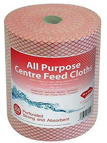 We Can Source It Ltd - Red Center Feed Cloth 350 Sheets with 36GSM Perforated Wipes – Strong and Absorbent Multi-Purpose Cleaning Roll – Ideal for Kitchen, Household and Workplace Surfaces - 1 Roll