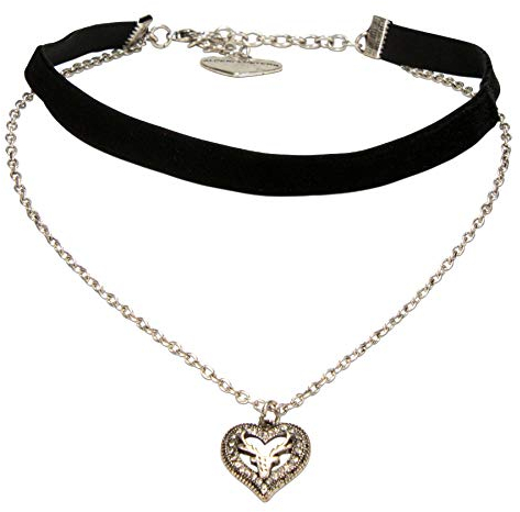 Alpenflüstern Trachten-Samt-Kropfband Trachtenherz-Kette Hirsch - nostalgische Trachtenkette enganliegend, Kropfkette elastisch, Damen-Trachtenschmuck, Samtkropfband schmal schwarz DHK267