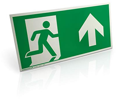 Notausgangsschild nachleuchtend Aluminium Fluchtwegschild rechts aufwärts | Stabiles Rettungswegzeichen 30 x 15 aus Metall mit langanhaltender Leuchtwirkung, inkl. 5 Klebestreifen und Reinigungstuch