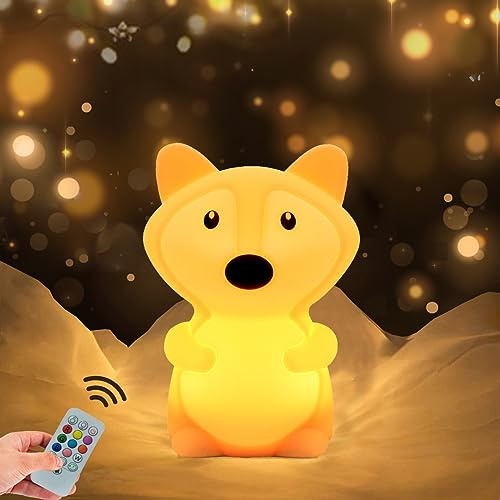 WHA&DARREN Großer Fuchs Nachtlicht für Kinder 9 Farben LED Baby Nachttischlampe nachtlicht baby Kinderzimmerlampe Tragbare Silikon Nachtlampe mit Fernbedienung/Touch Steuerung/Geschenke für Kinder
