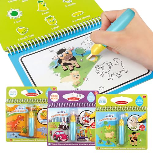 Joyfia Wassermalbuch mit Wasserstifte, Kinder Zeichnung Buch, Doodle Malbrett Bastelset Malen mit Wasser, Lernspielzeug Geburtstag Geschenk für Mädchen Jungen ab 3-8 Jahre (Dinosaurier & Tier & Auto)