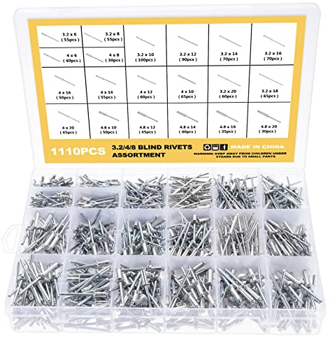 Knpwer Rivetti ciechi a testa bombata in alluminio, 1110 pezzi, 20 misure, rivetti a punta chiusa, chiodi di fissaggio con estremità aperta, kit assortito di rivetti per estrazione