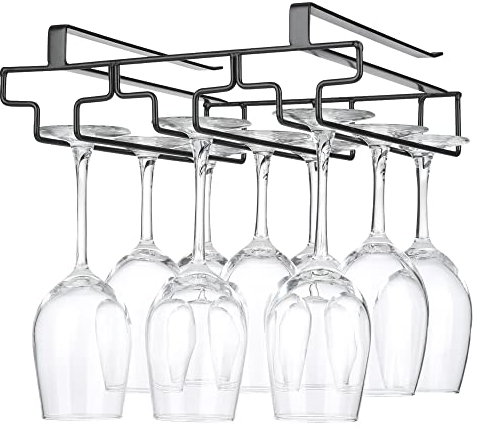 FOMANSH Wine glass holder hanging, no drilling required, storage, no screws required, stainless steel, adjustable shelf thickness, kitchen, Black