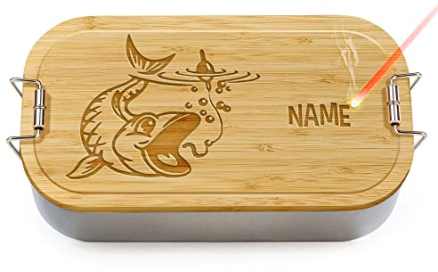 PR Print Royal Brotdose mit Gravur selbst gestalten - Fisch - mit Name personalisieren - Geschenke für Angler, Fischer und Fans vom Angelsport - Lunchbox, Holzdeckel, BPA-frei, 600 ml