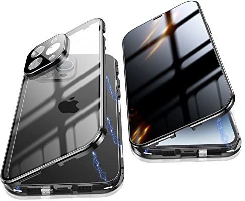 Jonwelsy Anti Peeping Hülle für iPhone 14 Pro (6.1), 360 Grad Schutz Case, Privatsphäre Gehärtetes Glas Anti-Spähen Cover, Stark Magnetische Adsorption Metallrahmen Handyhülle für 14 Pro (Schwarz)
