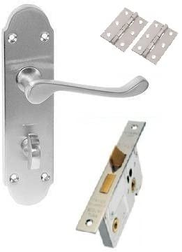Golden Grace Epsom Victorian Scroll Bathroom Door Handles, Satin Chrome | Includes mortise lock, 3-inch butt hinges, thumb turn bar, and screws for a complete, hassle-free installation.