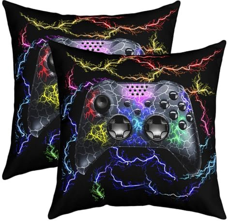 Loussiesd Gamer Throw Pillow Covers 16x16 Set of 2 Soft Gaming Gamepad Cushion Covers for for Sofa Modern Game Console Controller Colorful Lightning Decorative Pillowcases Outdoor Pillows Covers