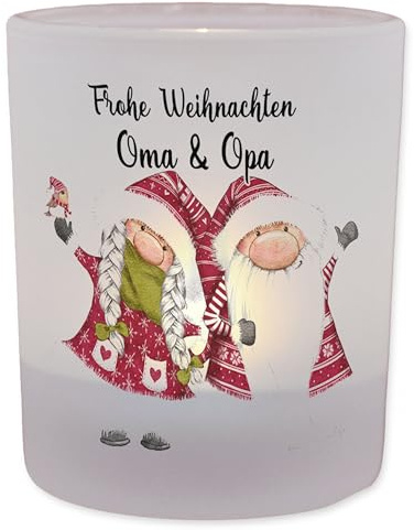 FEENSTAUB Windlicht Glas, Weihnachten Deko Winter, Teelichthalter Glas Personalisiert Mit Name, Kerzenglas, Weihnachtsgnomen, Tischdeko Teelicht