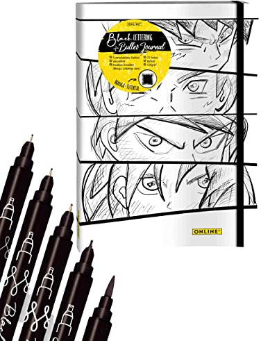 Online Malset Manga | 5 schwarze Kalligrafie-Stifte + Bullet Journal + Manga Zeichen Tutorial | Black Lettering Pen Fineliner + Pinselsitfte
