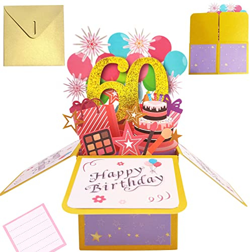Geburtstagskarte 60 Pop Up Karte Geburtstag Grußkarte 3D Geburtstagskarten | mit Umschlag für Frau Mann Mütter Mädchen Freunde Romantik Geschenk-Karte (A 60)