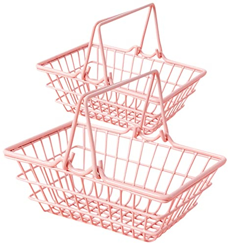 TOYANDONA Pink Shopping Basket with Handles Portable Storage Bin for Kids Mini Metal Baskets for Organising Toys Sundries and Desk Essentials 9.25 X 6.30 X 3.54In 2 Pack