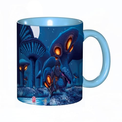 Kaffeebecher Mug,Illustration eines nächtlichen Feenwaldes mit Pilzen und einem See mit Lilie,kaffeebecher porzellan, tasse Füllmenge 330 ml - sehr interessante bedruckte Teetassen