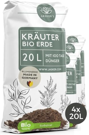 JASKER'S Bio Kräutererde 80 L (4x20L) - Erde für Kräuter - Kräuter Erde mit Startdünger für Kräuterpflanzen - Grow Erde - Pflanzenerde - Blumenerde für Kräuter - Anzuchterde für Stecklinge