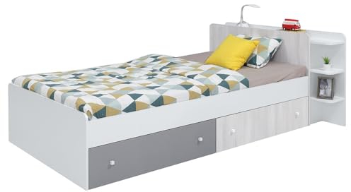 Lomadox Bett Einzelbett Kinderbett Jugendbett 120x200 cm Liegefläche mit 2 Bettschubladen Regal weiß, Eiche hell, grau 144x80x224 cm