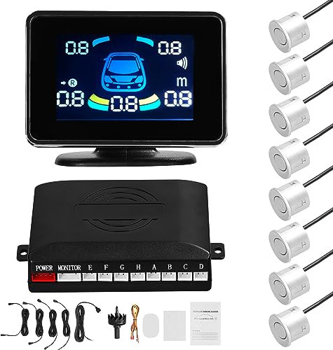 Mulcort Auto-Parksensor, Rückfahrradarsystem vorne und hinten, unterstützt akustische Warnung/Summer/Stummschaltung mit 8 Parksensoren, Abstandserkennung, LCD-Abstandsanzeige, Lautstärke einstellbar