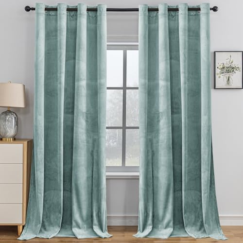 YSTELLAA Gardinen Samt 2er Set, 140×225 cm, Verdunklungsvorhänge Mit Ösen, Vorhang Blickdicht Wohnzimmer Modern, Thermovorhang Schlafzimmer, Schallschutz Vorhang, Blackout Curtain, GrauGrün