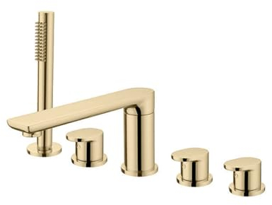 XJTNLB 5-Loch Wannenrandarmatur Badewannenarmatur, Wasserhahn Zweigriffarmatur, 360°Drehbar Auslauf Mischbatterie Badewanne Messing,Gebürstetes Gold