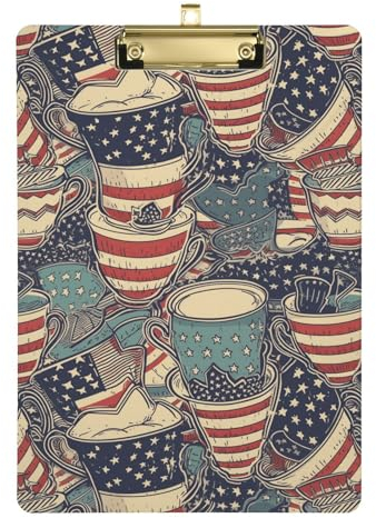 Klemmbrett, A4, Briefgröße für LKW-Fahrer, Krankenpflegeschule, Gold, 30,5 x 22,9 cm, amerikanischer Unabhängigkeitstag, amerikanische Flagge, rot, weiß, blau, Kaffeetassen-Element, kreatives