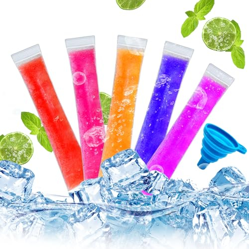 Elepl Wassereis 200 Stück Wassereis Tüten Eisformen Eis Am Stiel Popsicle Taschen Hausgemachtes Das Wassereis mit 1 Stück Blauer Trichter für DIY Frucht Joghurt Sticks Smoothies (5.5 x 28 cm)