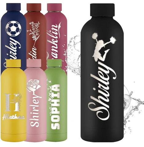 YoLLiEE Bouteille d'eau personnalisée avec nom Bouteilles d'eau personnalisées en acier inoxydable Bouteille d'eau de sport isotherme gravée 16 oz, style icône noire