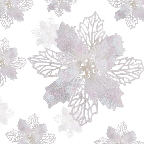HONGECB 15 Stück Weihnachten Funkeln Weihnachtsstern Blumen, Weihnachtsbaumschmuck Blume, Weihnachtsblumen Deko, Glitter Weihnachtsblumen Dekoration, Christbaumschmuck Glitter Poinsettia, Weiß