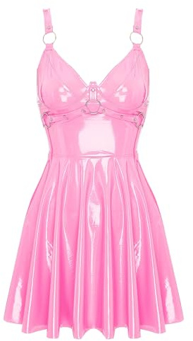 Kaerm Dam wetlook miniklänning lack latex festklänning ärmlös veckad klänning A linjer v-ringad sommarklänning med utsvängd veckad kjol klubbkläder, ROSA, 4XL