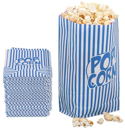 Relaxdays Popcorntüten, 144er Set, blau/weiß | Popcornbehälter, gestreift, Retro-Optik, Kino, Filmabend Zubehör, Papier
