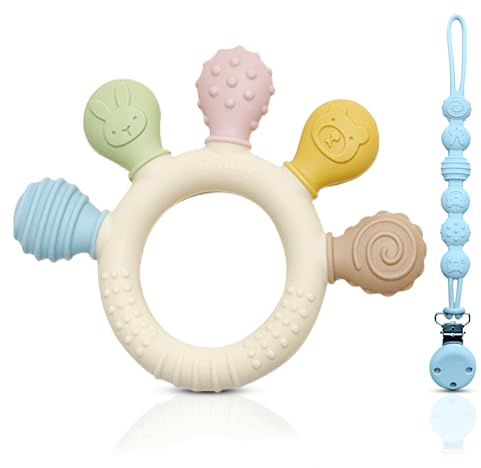 baHgi Baby Beißring mit BPA-frei Schnullerkette aus Silikon - Beißring und Beißhilfe, Babyspielzeug zum Greifen mit bunten Tiermotiven
