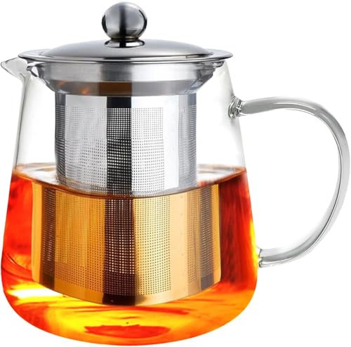 Teapot, Viceda Glass Teapot with Strainer and Heat Resistant Stainless Steel Handle, Tea Pot for for Loose Leaf Tea, Tea Bag, Blooming Tea and Coffee, (450ml)