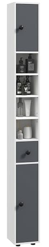 kleankin Meuble Colonne Salle de Bain Armoire Haute Colonne Fine avec 4 étagères réglables 1 tiroir et 2 placards Design Moderne 20 x 20 x 180 cm Gris