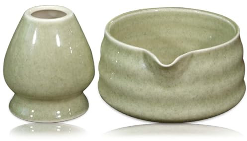 GOMETY Tazón de té japonés para matcha con vertedor, cuenco de té Chawan Matcha con bandeja batidora, cuenco tradicional de cerámica Matcha, cuenco de matcha, tazón de té Chawan, color matcha