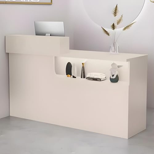 Snaweo Rezeptionstresen, Empfangstheke mit reichlich Stauraum, LED-Beleuchtung, Verkaufstheke, Empfangstresen mit abschließbarer Schublade, für Salon, Lobby-Rezeptionstheke(Cream White R,80cm/31.4in)