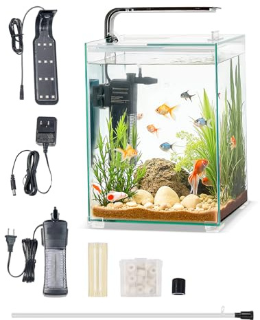 VEVOR Fish Tank Aquarium, 5 Gallon Square Ultra-Clear Glass Starter Smart Tank Adjustable 3 Color Lighting, Self Cleaning System Fishbowl for Freshwater & Saltwater Fish Home, Office, or Pet Use
