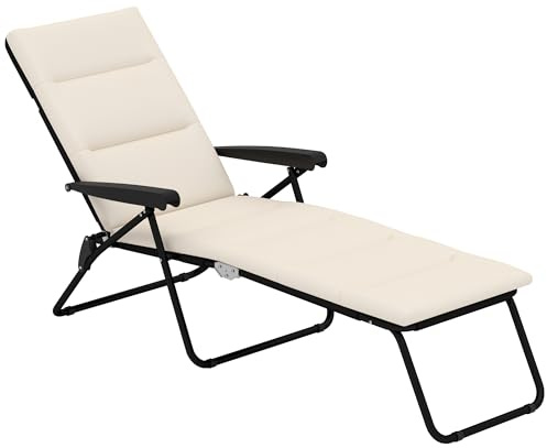 Outsunny Bain de Soleil Pliable transat inclinable 6 Positions Grand Confort avec Matelas + accoudoirs Acier Polyester crème