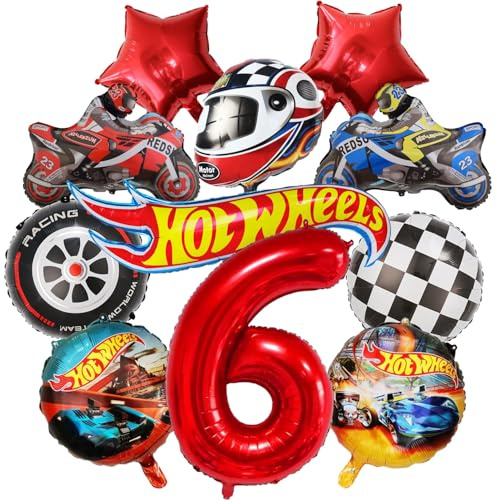 Cars geburtstagsdeko, 11 PCS Rennwagen Folienballons 6 Jahre Junge Helm, Rennauto Ballons, Motorrad, Schwarz-weiß karierte Rennauto Folienballons Set