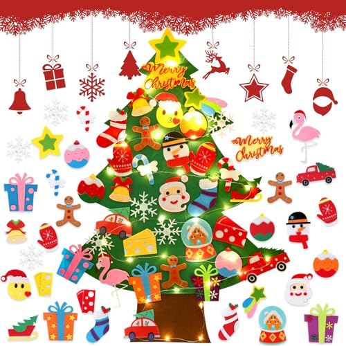 3Ft Albero Di Natale Piccolo In Feltro,Albero Di Natale Con Luci a filo Con 35 Ornamenti Natalizio,Diy Decorazioni Natalizie Per Interno Casa Porta Parete Addobbi Natalizi e Bambini Regali Natalizi