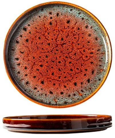 YlobdolY Lot de 2 assiettes plates en céramique émaillée réactive de haute qualité pour steak, pâtes, pizza, maison, fête, restaurant, résistant aux rayures, rouge