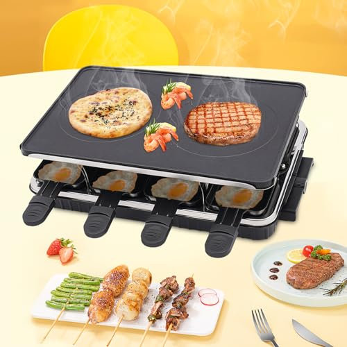 MJMLUCK Barbecue de Table, raclette, Portable, extérieur/intérieur, Double Face, électrique, avec 8 Petites plaques de Cuisson et spatule en Bois, pour barbecues et fêtes, 1 300 W, 41 x 25 x 11,4 cm