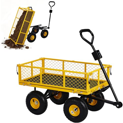 Outopee Pourable Mesh Steel Garden Cart, Heavy Duty 880lbs / 350 kg Capacity Garden Trolley, Folding Gardeners Wagon with Utility Liner, Removable Sides for Outdoors, Tools, Plants, Yellow