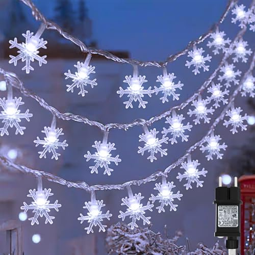 cshare Lichterkette Schneeflocke Außen, 15M 100er LED Kaltweiß Schneeflocke Lichterketten mit Stecker 8 Modi Timer IP44 Wasserdicht Lichterkette für Weihnachten Garten Innen Außen Deko