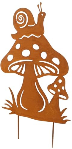 TOBBOMEY Rustikale Metall-gartendeko Schnecke und Pilz Gartenskulpturen aus Stahl Wetterfeste Tier Pflanzenfiguren für Rasen und Außenbereich Braune Gartenstecker zur Gartengestaltung