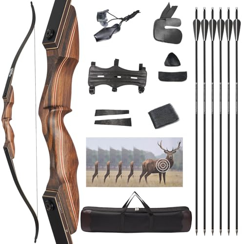 Pfeil und Bogen Set Für Erwachsene,60 Zoll Takedown Recurvebogen Traditioneller Jagdbogen Holzbogengriff 20-60lbs für Erwachsene und Anfänger (30lbs)